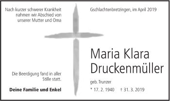 Traueranzeige von Maria Klara Druckenmüller von Haller Tagblatt