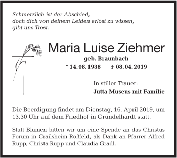 Traueranzeige von Maria Luise Ziehmer von Hohenloher Tagblatt