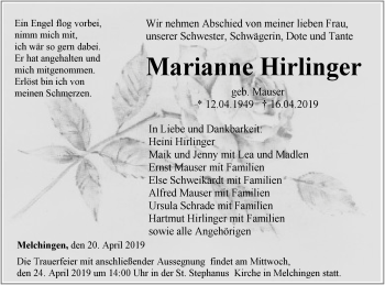 Traueranzeige von Marianne Hirlinger von Hohenzollerische Zeitung