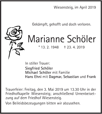 Traueranzeige von Marianne Schöler von Geislinger Zeitung