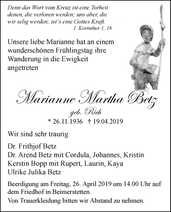 Traueranzeige von Marianne Martha Betz von SÜDWEST PRESSE Ausgabe Ulm/Neu-Ulm