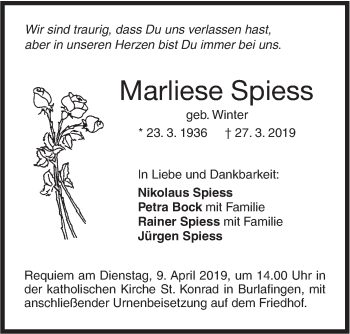 Traueranzeige von Marliese Spiess von SÜDWEST PRESSE Ausgabe Ulm/Neu-Ulm