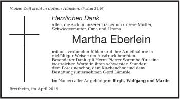 Traueranzeige von Martha Eberlein von Hohenloher Tagblatt