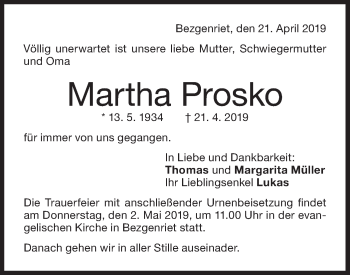 Traueranzeige von Martha Prosko von NWZ Neue Württembergische Zeitung