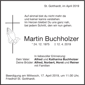 Traueranzeige von Martin Buchholzer von NWZ Neue Württembergische Zeitung