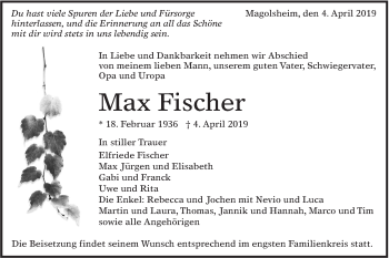 Traueranzeige von Max Fischer von Alb-Bote/Metzinger-Uracher Volksblatt