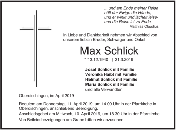 Traueranzeige von Max Schlick von Ehinger Tagblatt