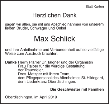 Traueranzeige von Max Schlick von Ehinger Tagblatt