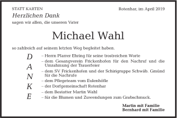 Traueranzeige von Michael Wahl von Rundschau Gaildorf