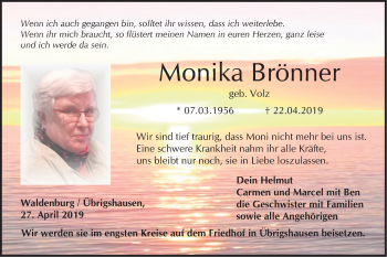 Traueranzeige von Monika Brönner von Haller Tagblatt