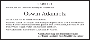 Traueranzeige von Oswin Adamietz von Rundschau Gaildorf