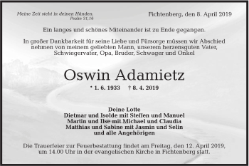 Traueranzeige von Oswin Adamietz von Rundschau Gaildorf