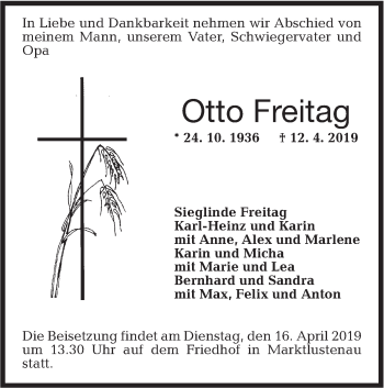 Traueranzeige von Otto Freitag von Hohenloher Tagblatt