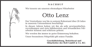 Traueranzeige von Otto Lenz von Rundschau Gaildorf