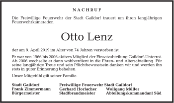 Traueranzeige von Otto Lenz von Rundschau Gaildorf