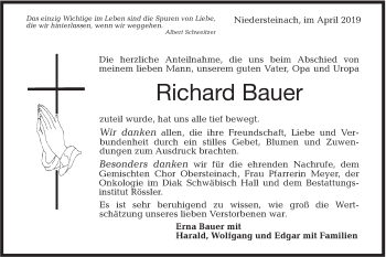 Traueranzeige von Richard Bauer von Hohenloher Tagblatt