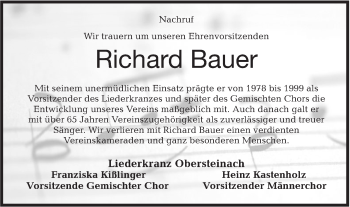 Traueranzeige von Richard Bauer von Haller Tagblatt