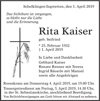 Traueranzeige von Rita Kaiser von Metzinger-Uracher Volksblatt