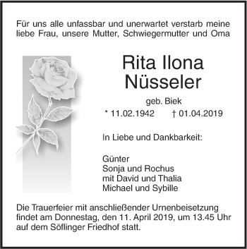 Traueranzeige von Rita Ilona Nüsseler von SÜDWEST PRESSE Ausgabe Ulm/Neu-Ulm