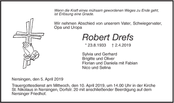 Traueranzeige von Robert Drefs von SÜDWEST PRESSE Ausgabe Ulm/Neu-Ulm