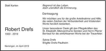 Traueranzeige von Robert Drefs von SÜDWEST PRESSE Ausgabe Ulm/Neu-Ulm