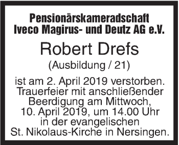 Traueranzeige von Robert Drefs von SÜDWEST PRESSE Ausgabe Ulm/Neu-Ulm