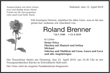 Traueranzeige von Roland Brenner von Haller Tagblatt