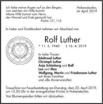 Traueranzeige von Rolf Luther von NWZ Neue Württembergische Zeitung