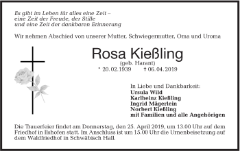 Traueranzeige von Rosa Kießling von Haller Tagblatt