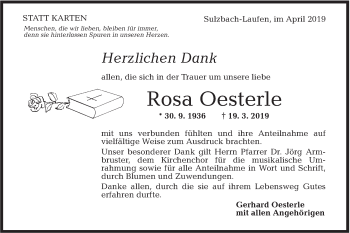 Traueranzeige von Rosa Oesterle von Rundschau Gaildorf