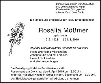 Traueranzeige von Rosalia Mößmer von Hohenzollerische Zeitung