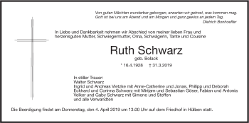 Traueranzeige von Ruth Schwarz von Metzinger-Uracher Volksblatt