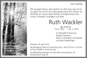 Traueranzeige von Ruth Wackler von Hohenloher Tagblatt