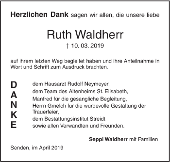 Traueranzeige von Ruth Waldherr von SÜDWEST PRESSE Ausgabe Ulm/Neu-Ulm