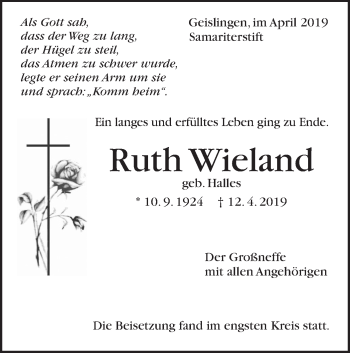 Traueranzeige von Ruth Wieland von Geislinger Zeitung