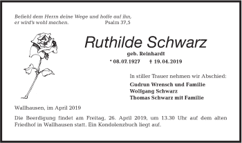 Traueranzeige von Ruthilde Schwarz von Hohenloher Tagblatt