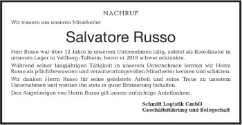 Traueranzeige von Salvatore Russo von Haller Tagblatt