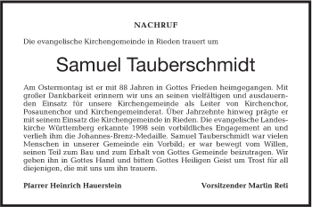 Traueranzeige von Samuel Tauberschmidt von Haller Tagblatt