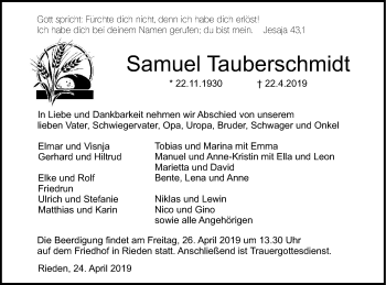 Traueranzeige von Samuel Tauberschmidt von Haller Tagblatt