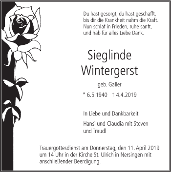 Traueranzeige von Sieglinde Wintergerst von SÜDWEST PRESSE Ausgabe Ulm/Neu-Ulm