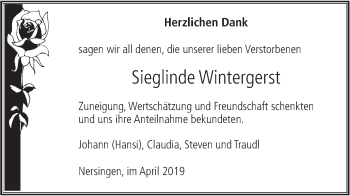 Traueranzeige von Sieglinde Wintergerst von SÜDWEST PRESSE Ausgabe Ulm/Neu-Ulm