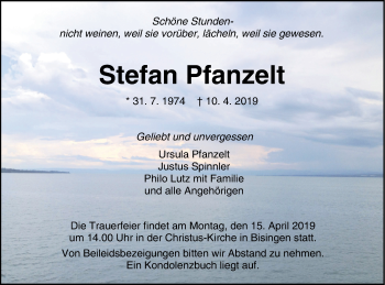 Traueranzeige von Stefan Pfanzelt von Hohenzollerische Zeitung