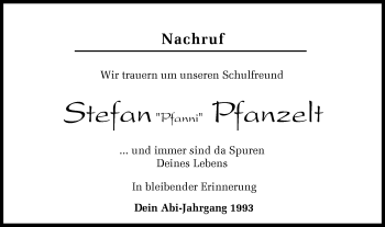 Traueranzeige von Stefan Pfanzelt von Hohenzollerische Zeitung