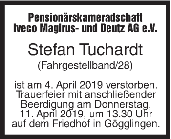 Traueranzeige von Stefan Tuchardt von SÜDWEST PRESSE Ausgabe Ulm/Neu-Ulm