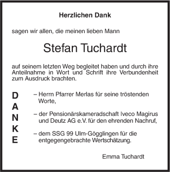 Traueranzeige von Stefan Tuchardt von SÜDWEST PRESSE Ausgabe Ulm/Neu-Ulm