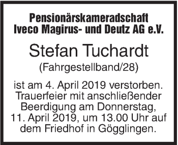 Traueranzeige von Stefan Tuchardt von SÜDWEST PRESSE Ausgabe Ulm/Neu-Ulm