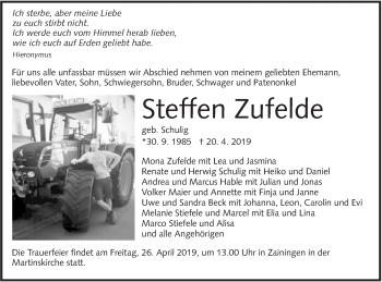 Traueranzeige von Steffen Zufelde von Alb-Bote/Metzinger-Uracher Volksblatt