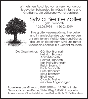 Traueranzeige von Sylvia Beate Zoller von SÜDWEST PRESSE Ausgabe Ulm/Neu-Ulm