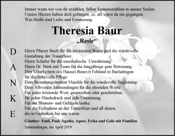 Traueranzeige von Theresia Baur von Hohenzollerische Zeitung