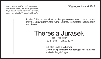 Traueranzeige von Theresia Jurasek von NWZ Neue Württembergische Zeitung